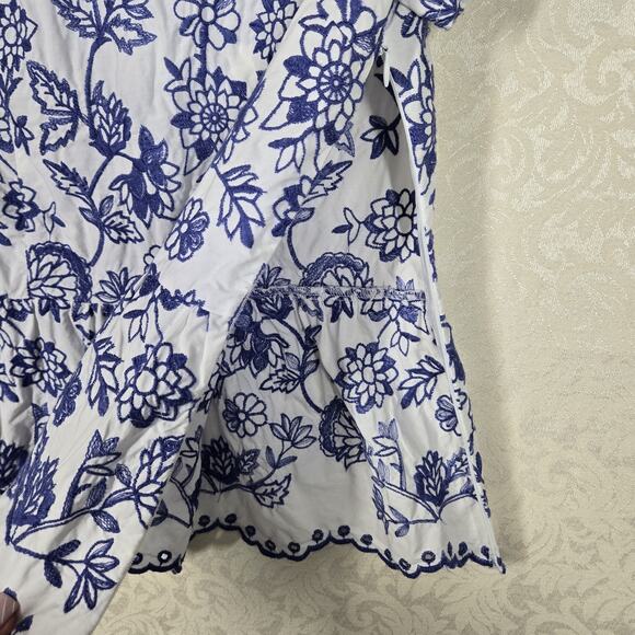 Talbots Top sz 6 Blue White Floral Embroidered 100% Cotton Scalloped Peplum Hem - Picture 8 of 14